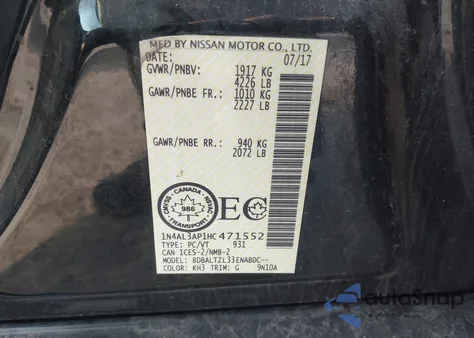 2017 Nissan Altima 2.5/2.5 S/2.5 Sl/2.5 Sr/2.5 Sv from USA, damaged, VIN 1N4AL3AP1HC471552